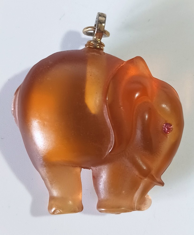Vintage Translucent Peach-Orange Elephant Pendant w/ Pink Rhinestone Eyes 2″