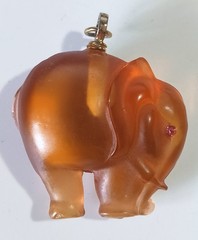 Vintage Translucent Peach-Orange Elephant Pendant w/ Pink Rhinestone Eyes 2″