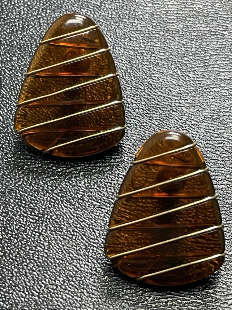 Vintage 1.1” Brown Lucite Gold Tone Metal Wrapped Earrings