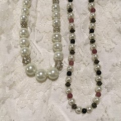 Vintage Faux Pearl Bead Necklaces 2 Rhinestones Silver color Pink Beads