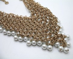 Vintage RJ Graziano statement bib necklace Goldtone chainmail and faux pearls