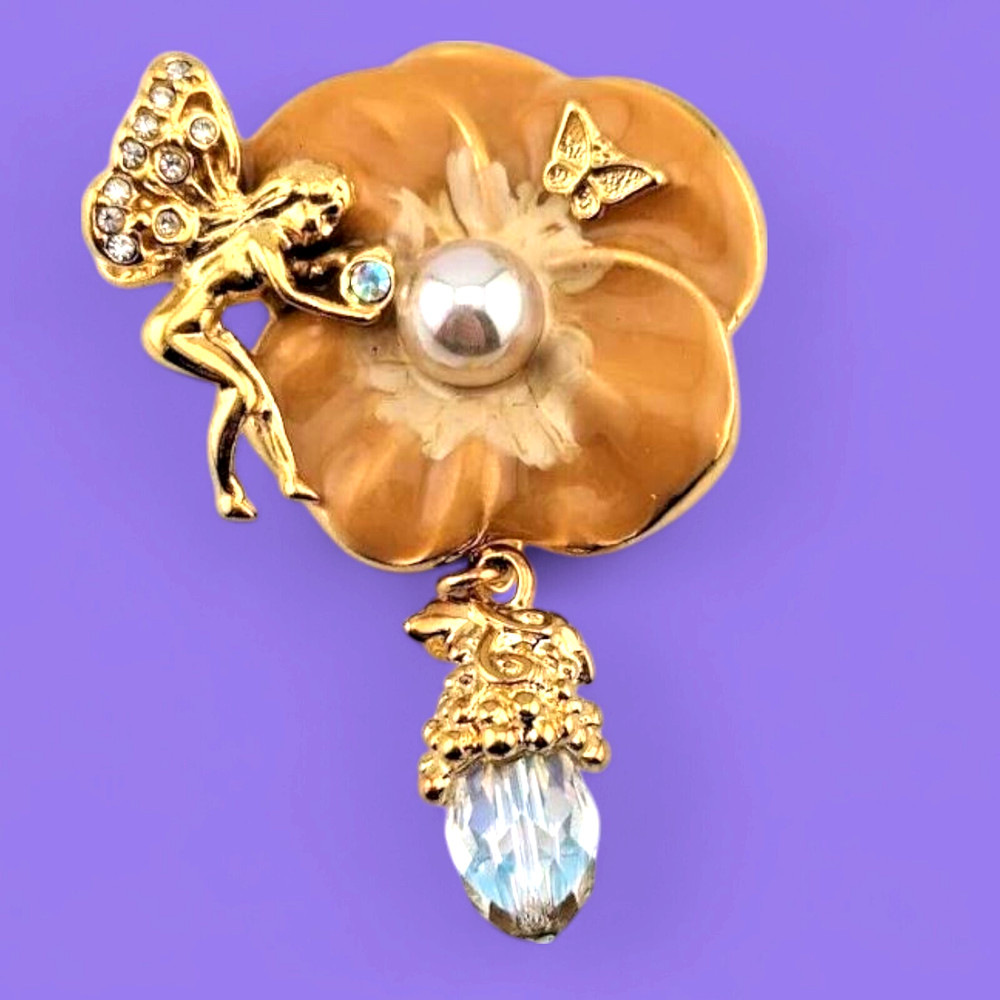 Kirks Folly Pansy Flower Brooch peach & AB crystals fairy angel pin goldtone B6