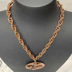 VTG REBAJES Artisan Stunning Signed Copper Oak Leaves Round Pendant & Chain 22″
