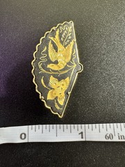 Vintage Damascene Brooch Toledo Gold Spain Birds Flowers Floral Design Fan Shape