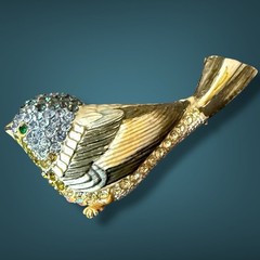 Bird Brooch Vintage Blue Rhinestone Gold Tone Figural Pin Mid Century