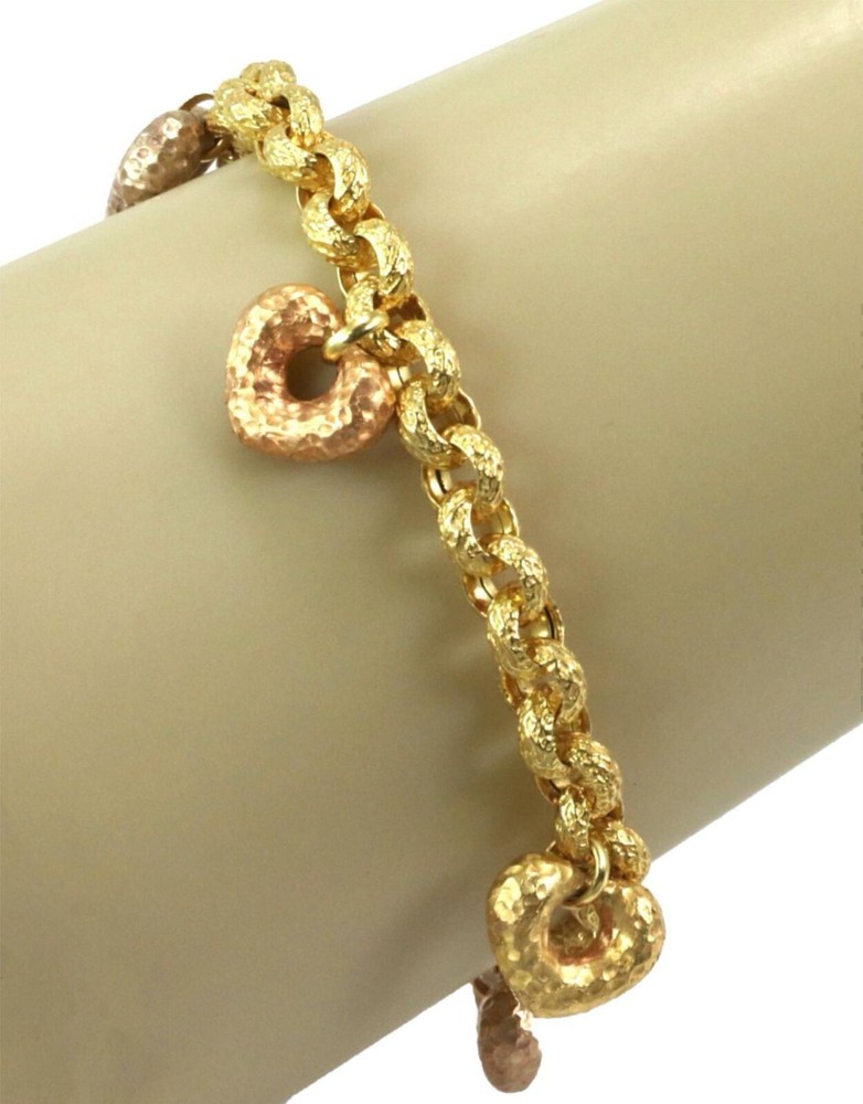 Hand Hammered 19k Multicolor Gold 5 Heart Charms Chain Bracelet
