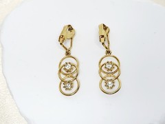 Vintage Gold Tone Clip On Dangle Drop Earrings With Rhinestones – 3 Rings Design