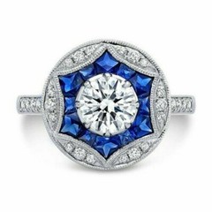 Vintage Art Deco Lab-Created Diamond & Sapphire Birthday White Gold Filled Ring