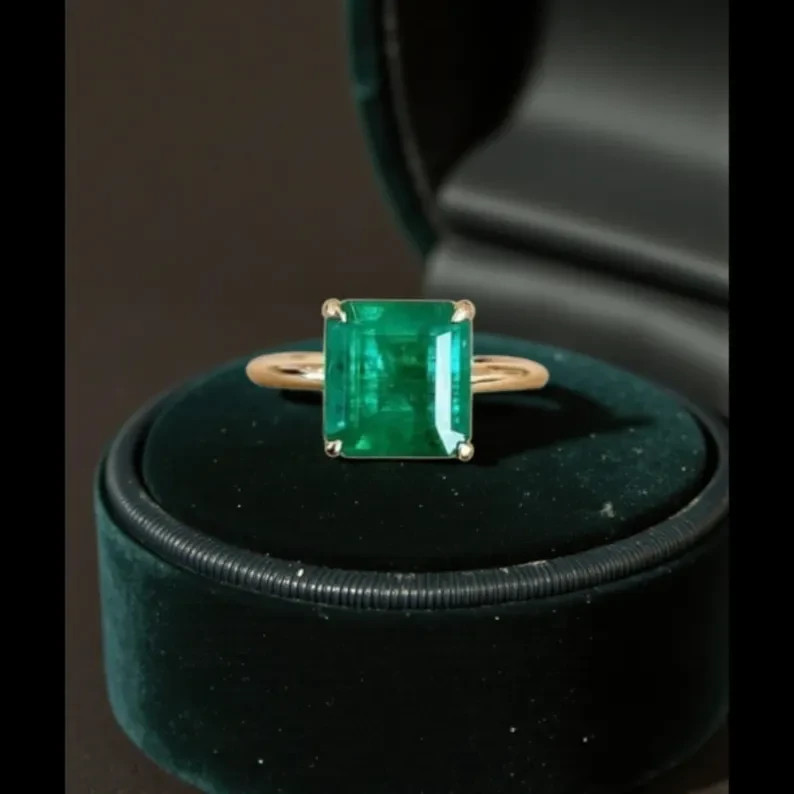 Art Deco 3.10 Ct Natural Emerald Vintage Engagement Ring 14K Yellow Gold Over
