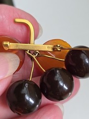 Vtg Russian Natural Baltic Amber Brooch Pin Winter Cherry Gold Plated Marked OPR