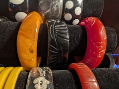 15 Vintage Carved Polkadot Colorful Lucite? Thermoset? Bracelets