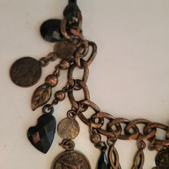 Vintage Necklace Charms Coins Jewels Metal Cording Chain 16″