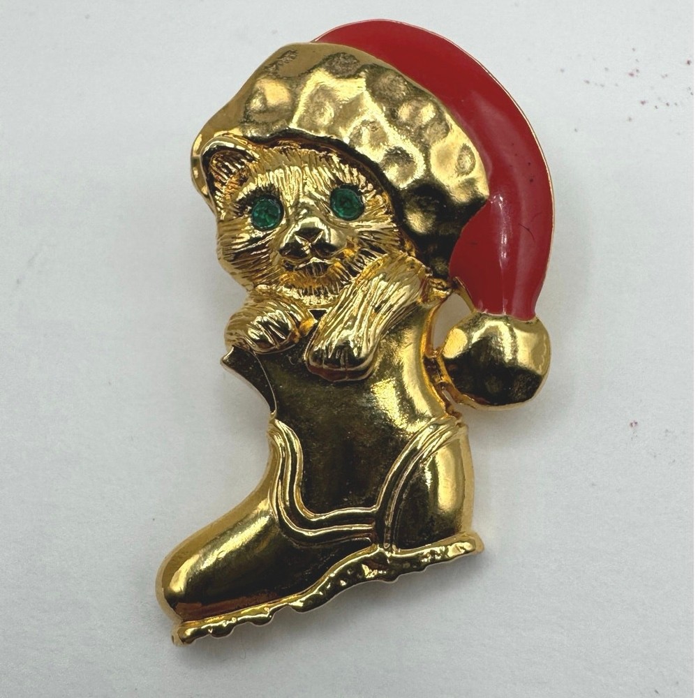 Vintage Avon Christmas Holiday Cat in Boot Santa Hat Pin Brooch