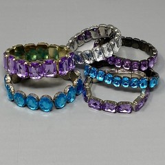 Rhinestone Stretch Bracelet Lot of 6 Blue Purple Clear Acrylic Silver Gold Tone