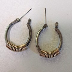 Two Tone Silver Gold Hoop Earrings Wrapped Wire Coil Hinged Saddleback Vintage