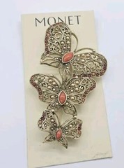 Monet Brooch Three Huge Butterflies Faux Coral Gold Tone 3.5 in Signed Vintage