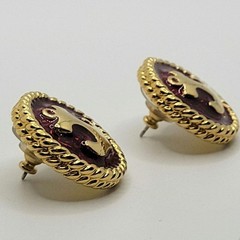 Vintage Signed Trifari Nautical Anchor Button Earrings Deep Red Enamel 1980s