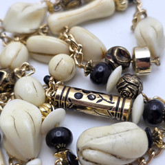 Vintage Lucite Beaded Necklace Cream Black Gold Tone 34 in Long Lightweight