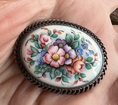 Vintage Russian Finift, Enamel, Filigree Pin Brooch, USSR Rostov