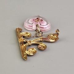 Vintage Dried Pink Flower Brooch Heart Dangle Gold Plated Bracket 1.25″