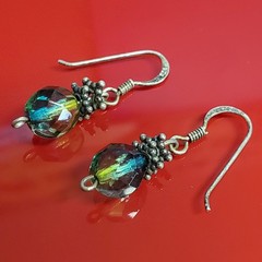 VTG 925 Faceted Glass 1in Drop Earrings Sterling Silver 2gtw Blue Green Swirl