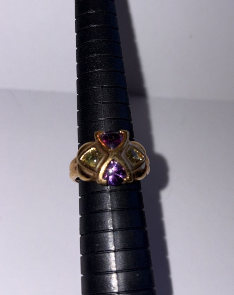 Purple Amethyst & Green Stone Ring Gold Plated Sterling Silver 925 Size 7
