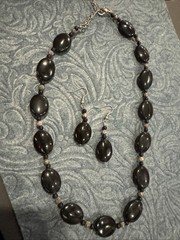 Vtg Stone Heavy Black Beaded Necklace & Earring Set Pierced