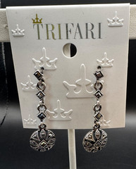 Trifari Silver Tone Marcasite Look Dangle Earrings Smoky Rhinestone NWT