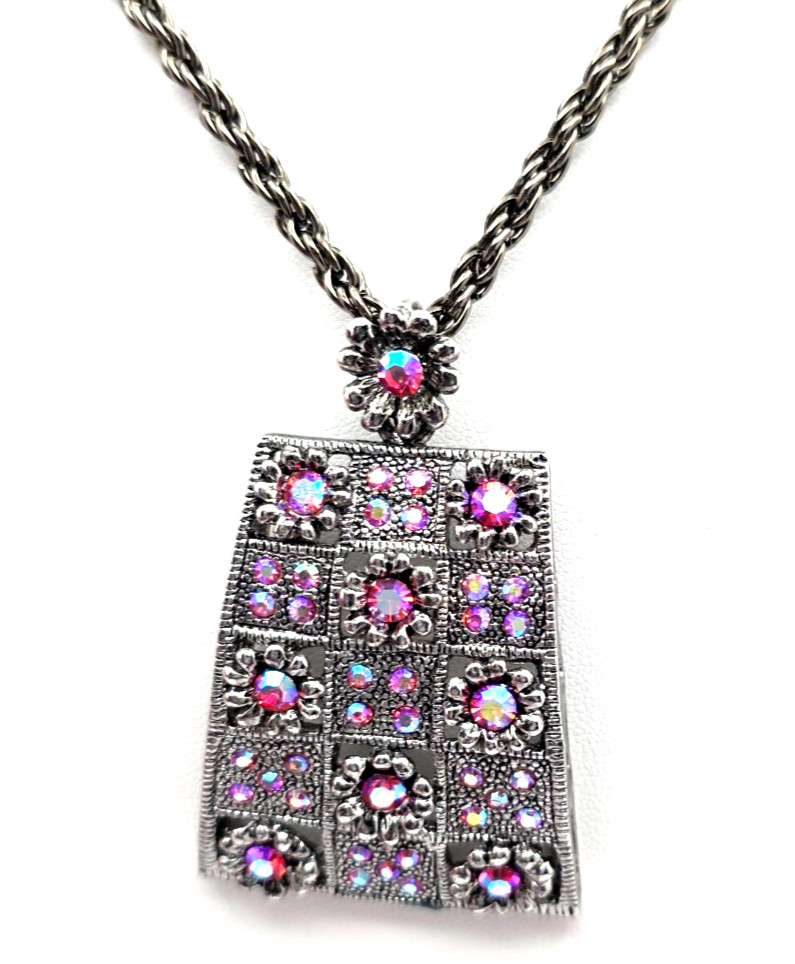 AB Rhinestone Pendant Necklace Aurora Borealis AB Gunmetal Windowpane Floral 28″