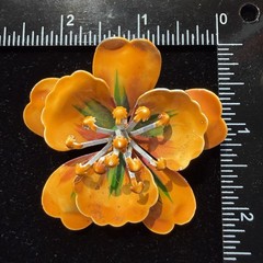 Vintage Enamel Flower Brooch Orange Pin Hand Painted 2.5 inches POP of COLOR