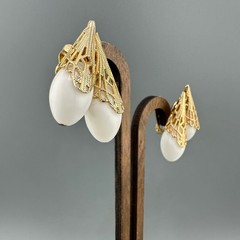 Vintage Napier Earrings Gold Tone Filigree Cap White Bead Tall Climber 1950s