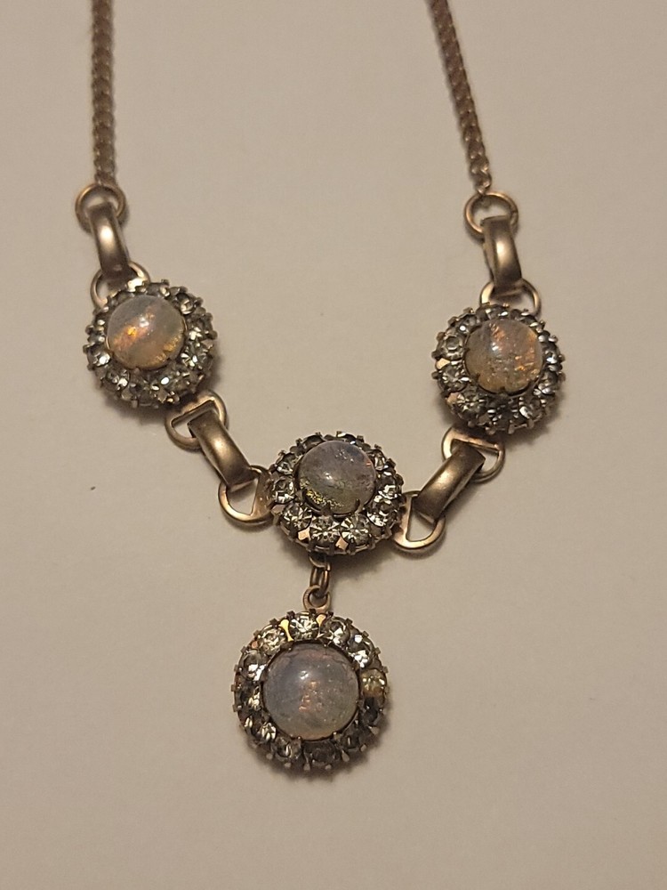 Vintage Faux Fire Opal Cabochon Clear Rhinestone Necklace Drop Pendant 15.5″