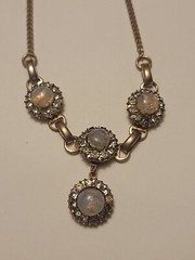 Vintage Faux Fire Opal Cabochon Clear Rhinestone Necklace Drop Pendant 15.5″