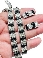 Vtg Art Deco Rhinestone Rhodium Plated Necklace Bracelet Earrings Set
