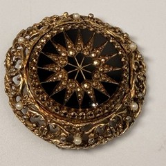 Vintage Victorian Revival Brooch Lot of 2 Gold Black Enamel Tassel Filigree
