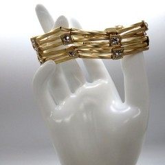 Brushed Gold Tone Stretch Bracelet Six Multi Strand Square Rhinestone Encrusted