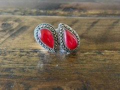 Marcasite Sterlling Silver Chunky Double Stone Garnet Ring Size 8