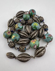 Old Chinese Export Silver Enamel Cloisonne Filigree Melon Bead Chain 26.5″-72.5g