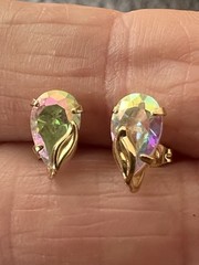 3 Pairs 14K Yellow Gold Dainty Earrings Lot Seashell Etched Hoops & AB Crystal