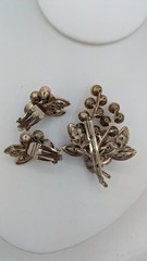 Vintage Floral Brooch Earrings SET Pink Navette Rhinestone Faux Pearl