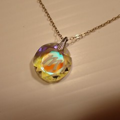 Vintage Iridescent Glass M Pendant Necklace Silver Tone Chain Choker Length 39cm