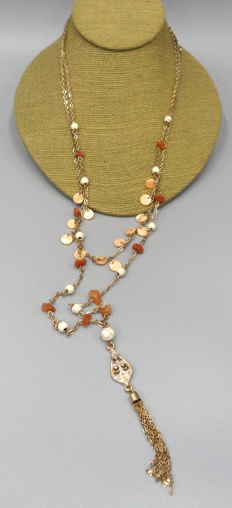 Chain Tassel Pendant Necklace Layered Carnelian Chip Howlite Station Shell Charm