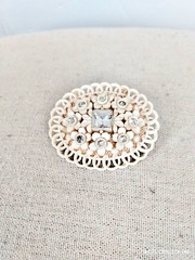 Vintage Celluloid Floral Brooch Cream Color with Rhinestones and Swirl Edging