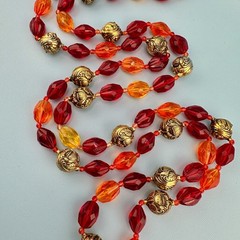 Vintage Lucite Bead Gypsy Necklace Faceted Red Orange Gold Tone Floral 46″ Boho