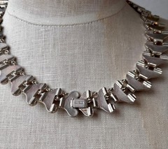 Vintage Signed MMA Ornamental Scroll Silver Tone Black Enamel Necklace S G2U
