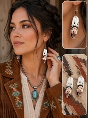 Vintage Ceramic Feather Dangling White Pierced Earrings w/ Painted Bear 2219