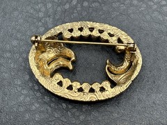 Vintage 1928 Brand Gold Tone Black Enamel Crystal Swirl Brooch Pin Deco Style