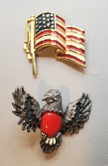 2 Signed Vtg Enamel Brooches: NAPIER U.S. Flag, GERRYS Patriotic Eagle