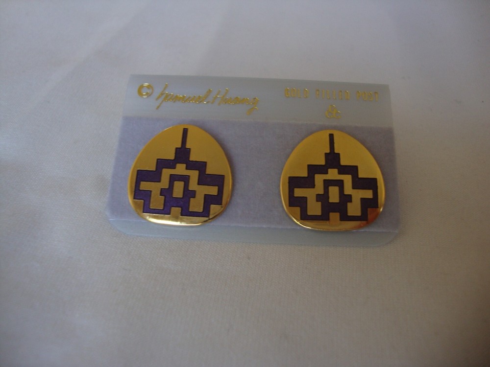 VINTAGE SAMUEL HUANG DESIGNER CLOISONNE RETRO ABSTRACT PURPLE ENAMEL EARRINGS