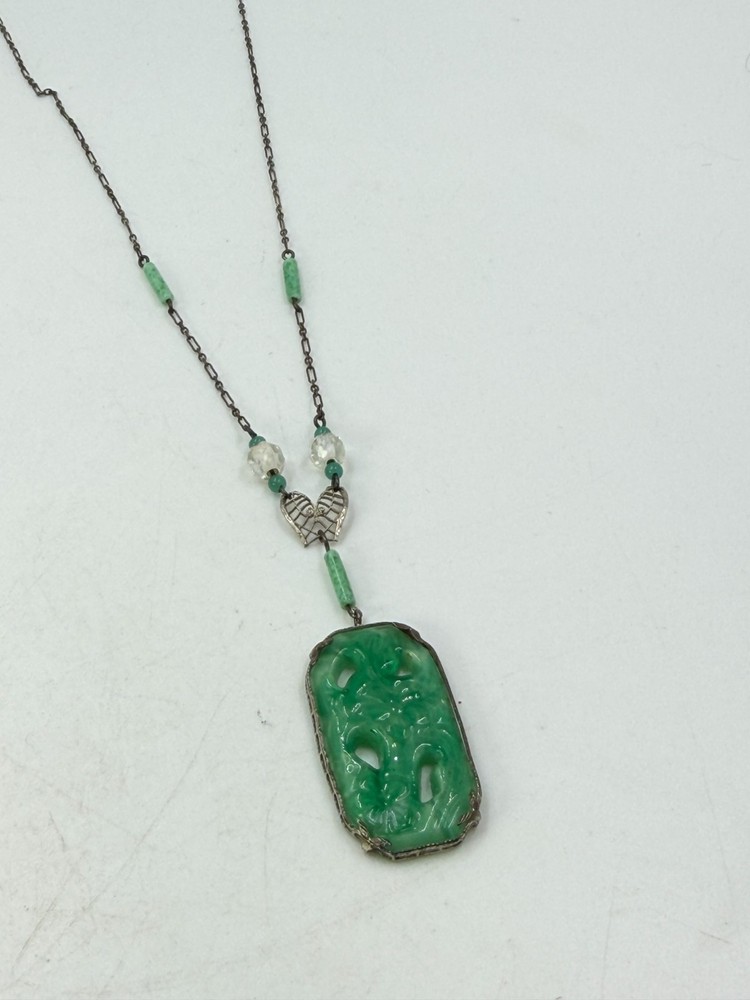 Vintage Necklace Art Deco Green Art Glass FloralBrass Asian Pendant Filigree PJ